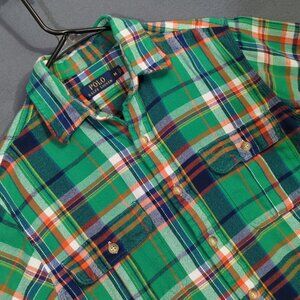 Polo Ralph Lauren Shirt Men's M Multicolor Plaid Cotton Flannel Elbow Patches
